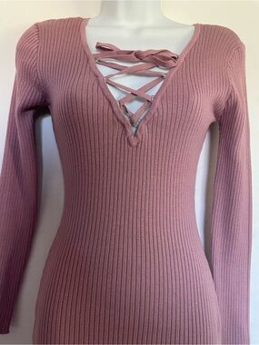Lace -Up Ribbed V-Neck Bodycon Dress - Mauve